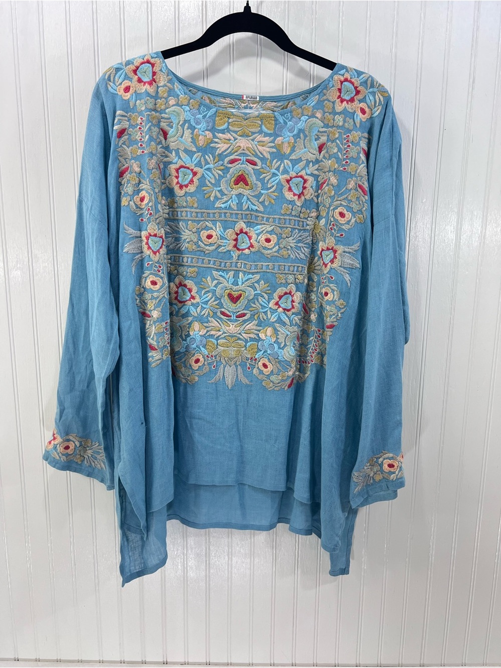Biya Johnny Was Blue 100% Linen Boho Embroidered Tunic Top M